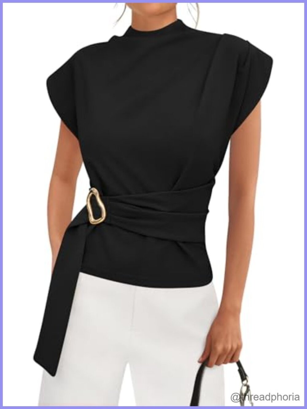 Mock Neck Cap Sleeve Blouse with Gold Buckle & Back Zipper
